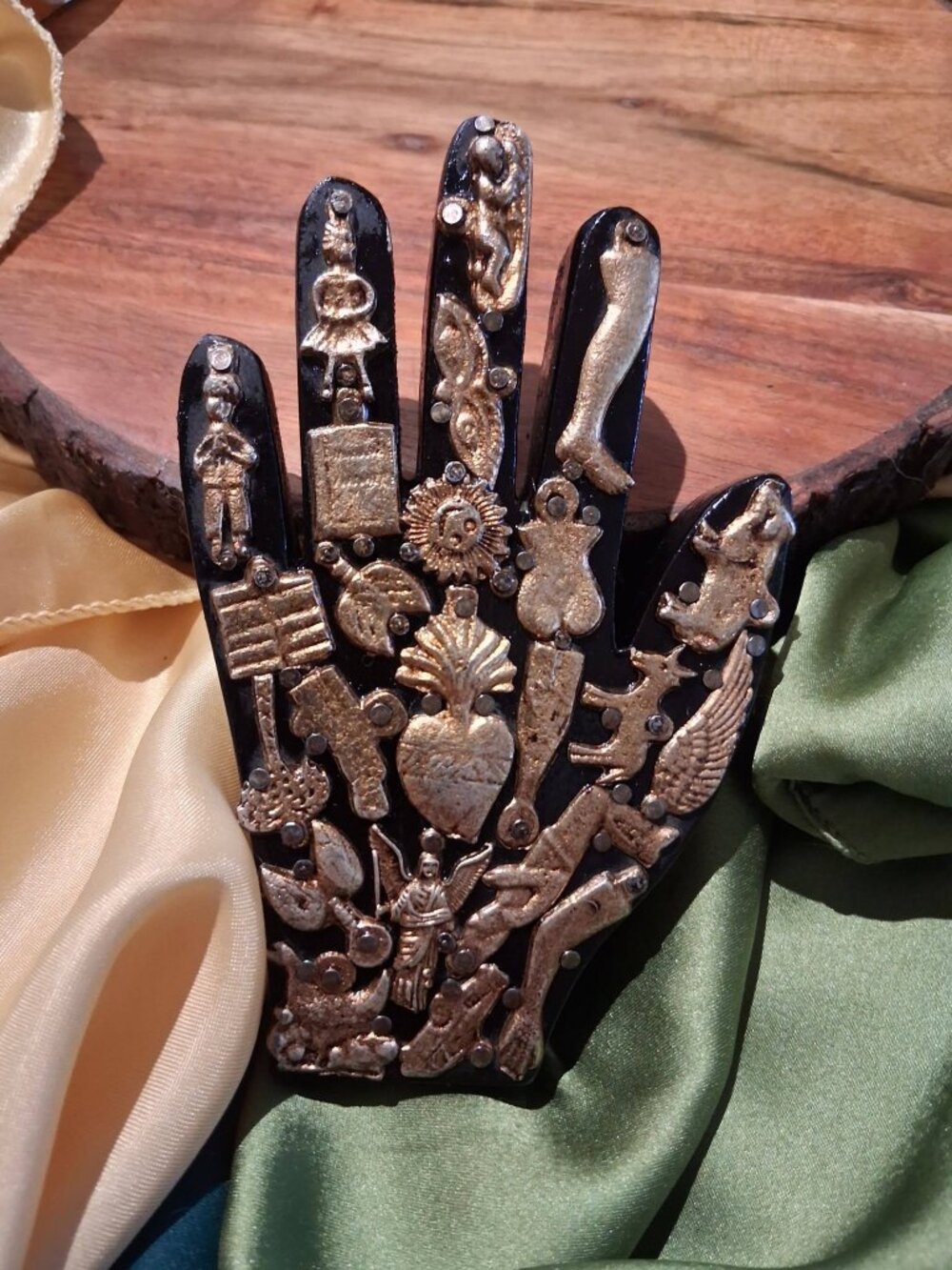 Boho Mexican Folk Art Black & Gold Milagro Hand | Ex-Voto Altar Decor
